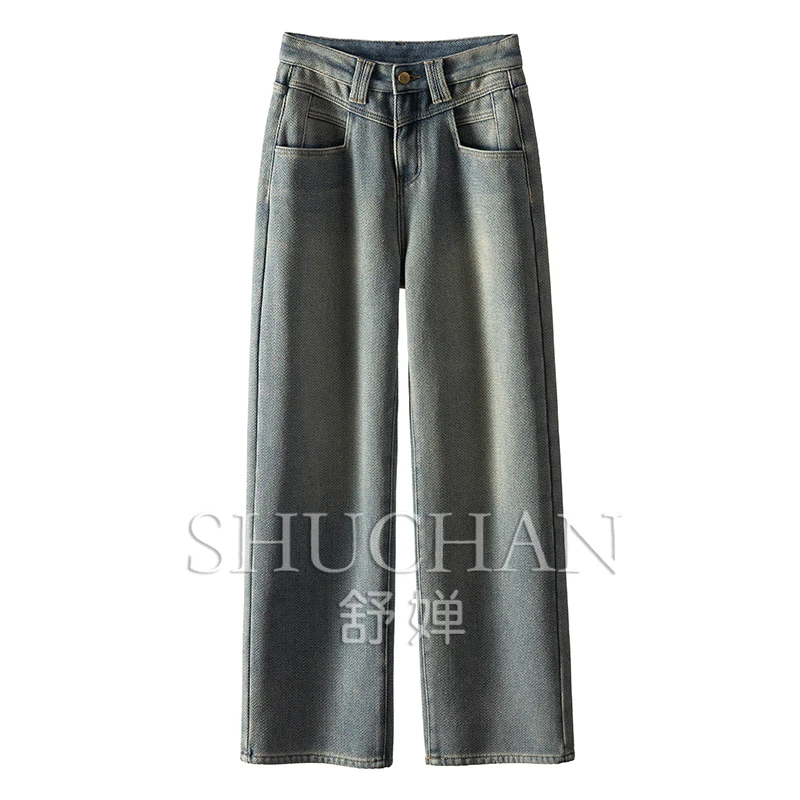 SHUCHAN 90% cotton streetwear women  boyfriend jeans for women  Full Length  High Street  Do old  LOOSE  Wide Leg Pants