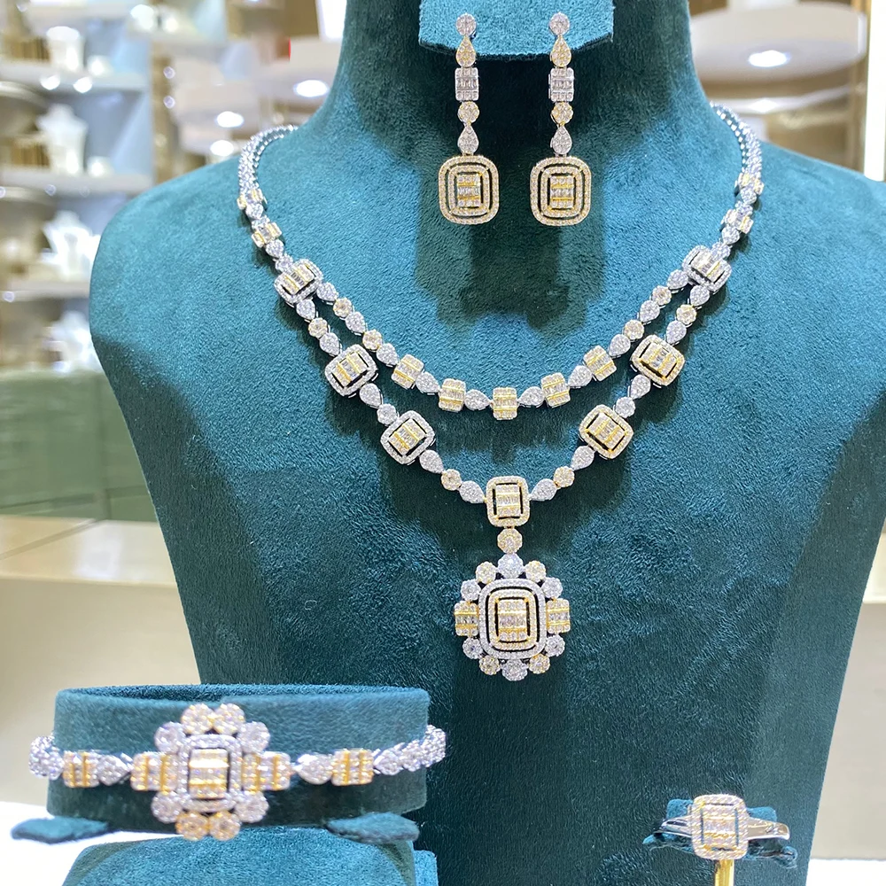 

013399 Luxury Jewelry Set for Women Double Layer Necklace Set Cubic Zircon Wedding Engagement Anniversary Jewellery Accessories