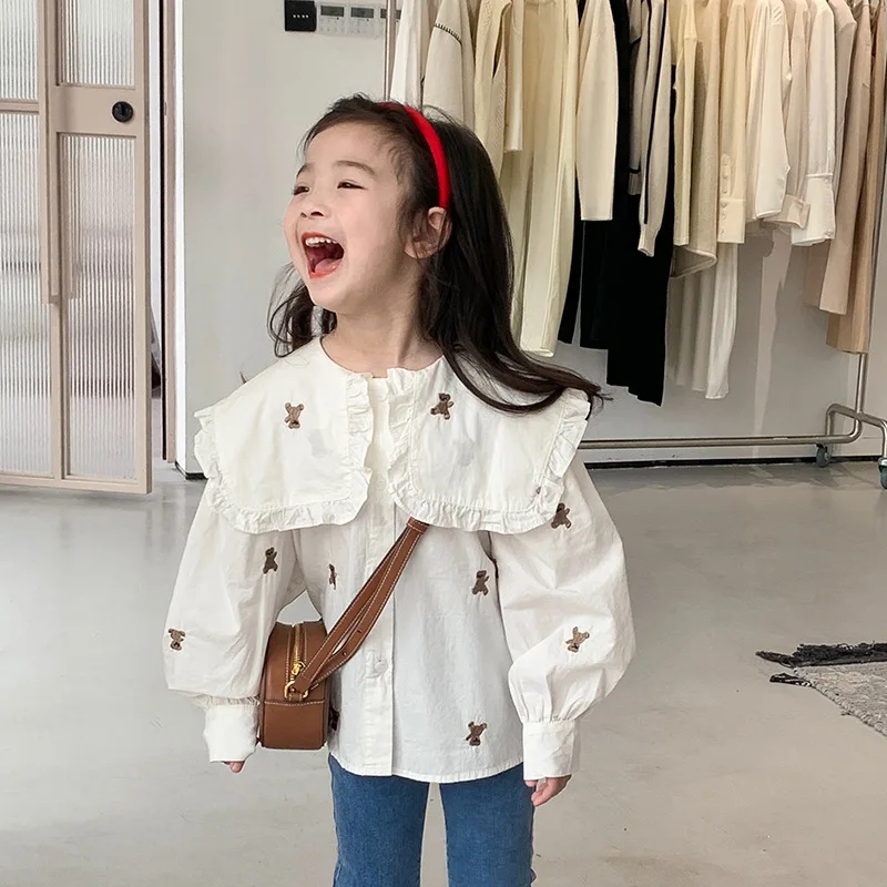 

Girl Clothes Embroidered Bear Big Lapel Shirt 2022 Autumn New Temperament White Shirt Korean Casual Girl's Shirt Blouse