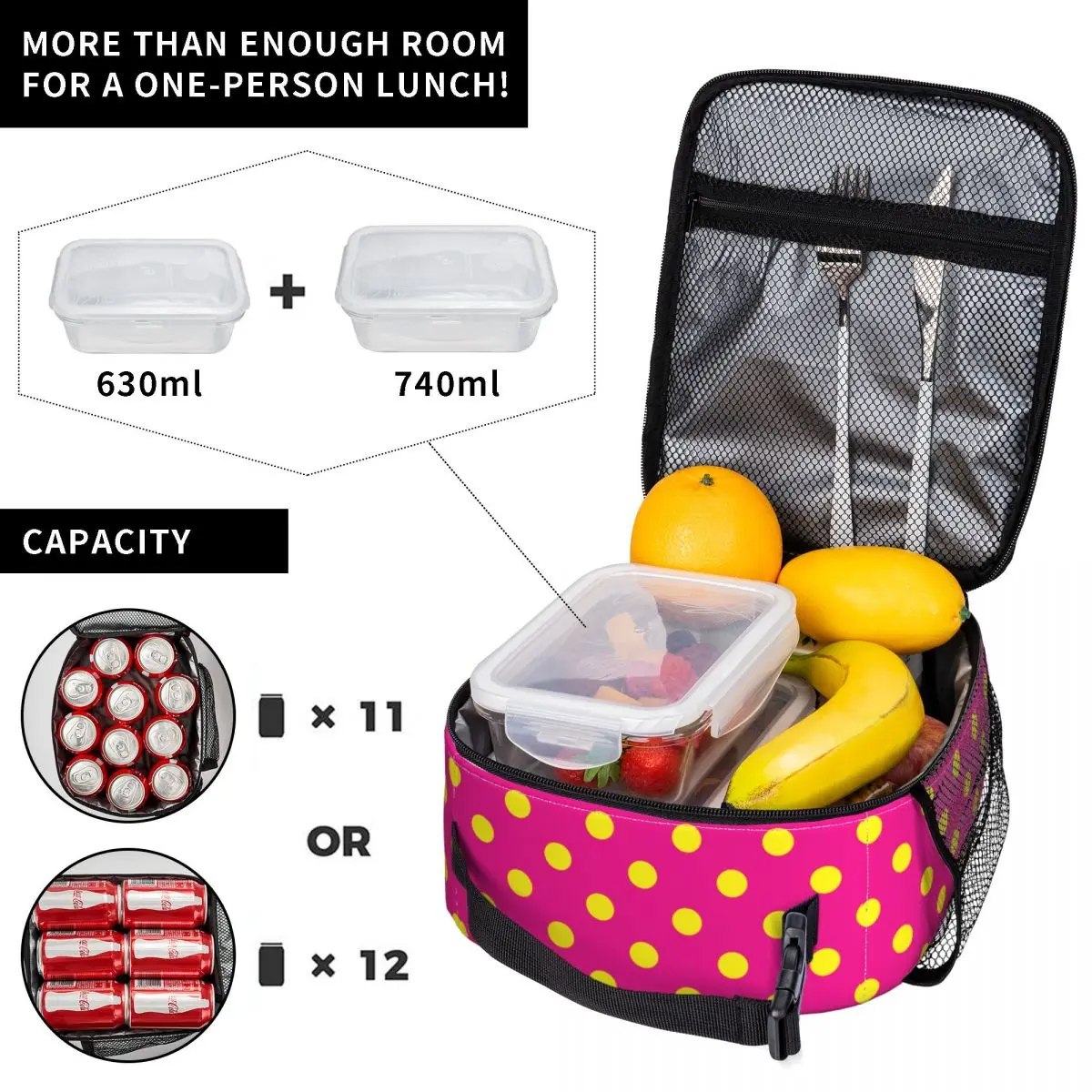 Yellow And Pink Polka Dot Insulated Lunch Bag for Women Leakproof Cooler Thermal Bento Box Kids School Children