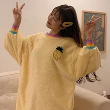 

Autumn and Winter New Cute Sweet Loose Simple Striped Fashion Trend Long-sleeved Pajamas Flannel Rainbow Thick Pajamas