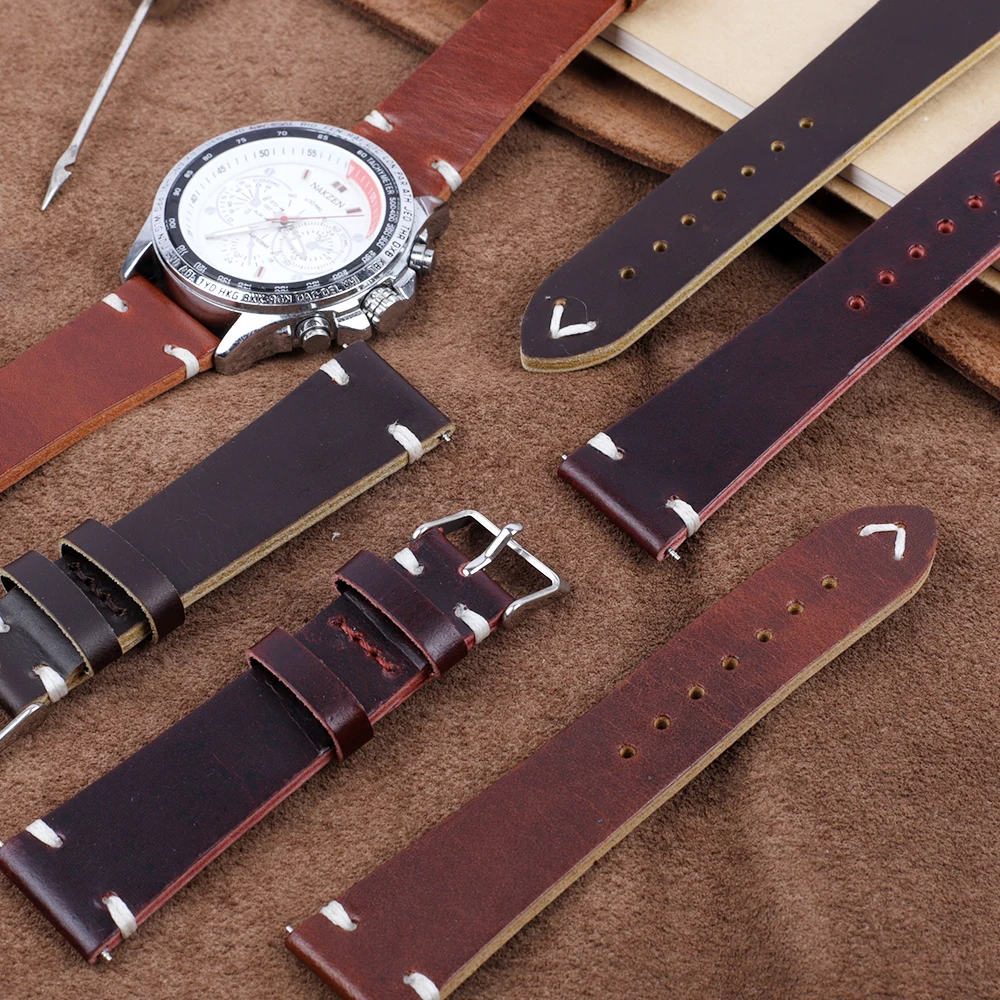 Vintage Genuine Leather Watchband 22mm Women Men Cowhide Handmade Stitching Watch Band Strap Accessories
