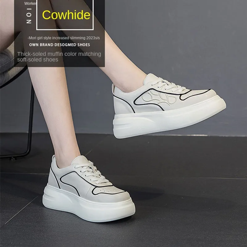 Little White Shoes Women's Platform Muffin Shoes Spring2023new First Layer Cowhide Versatile Breathable Casual Single Shoe Woman