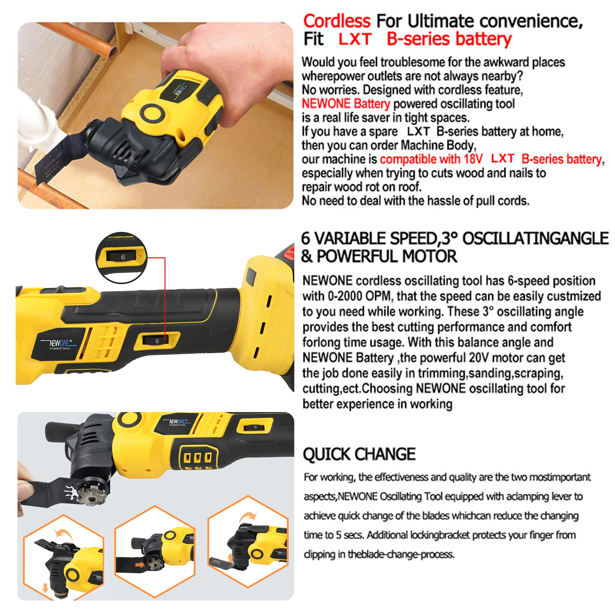 NEWONE 18V Brushless Quick release Oscillating tool Multi functional tool Renovator Electric trimmer Compatible for MAKITA 18V 5