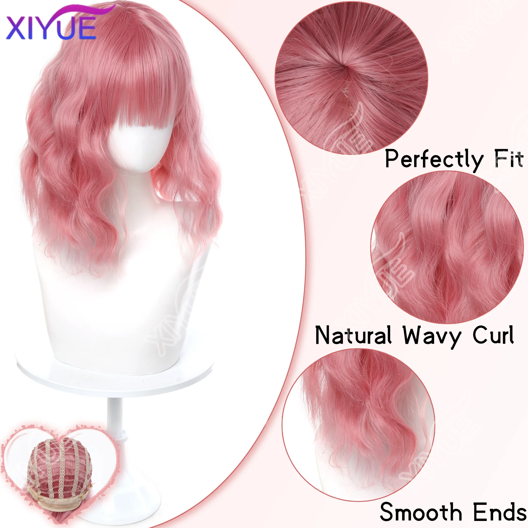 XIYUE Natural Brown Synthetic Curly Wavy Bob Wig with Bangs for Women cosplay wigs pink/black/blue/purple/red brown wig