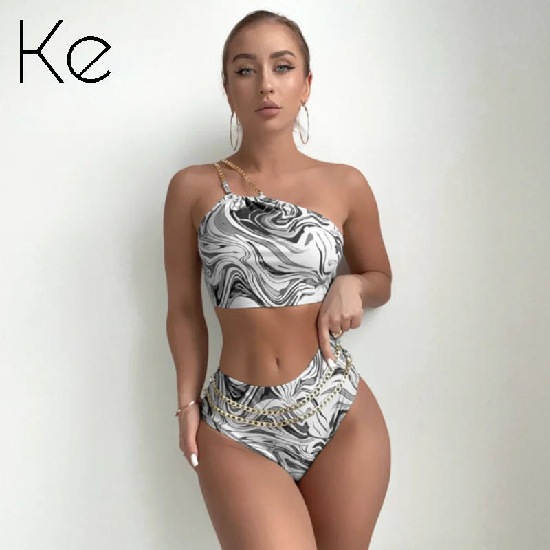 

KE Bikini split high waist one shoulder decorative chain print sexy European and American bikini swimsuit women's 2023 new style