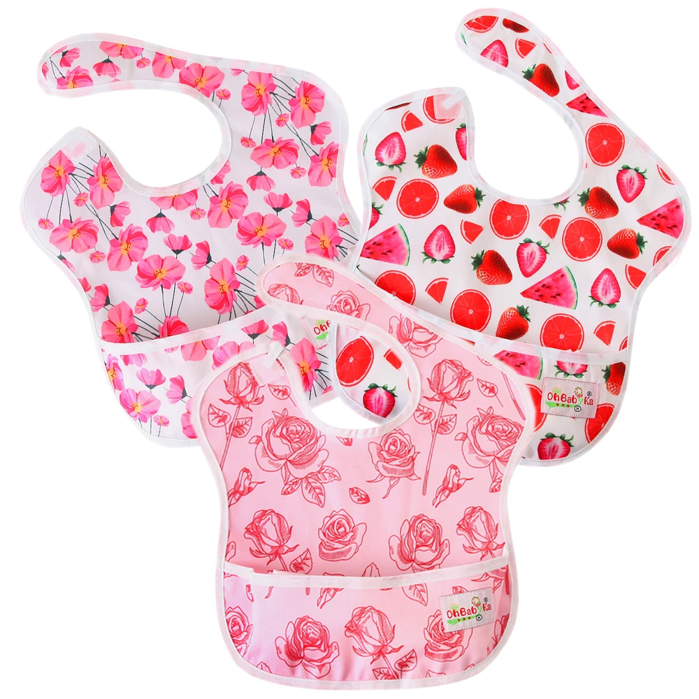 Ohbabyka infant baby girl clothes accessories one size fits all waterproof reusable baby feeding bibs with pocket