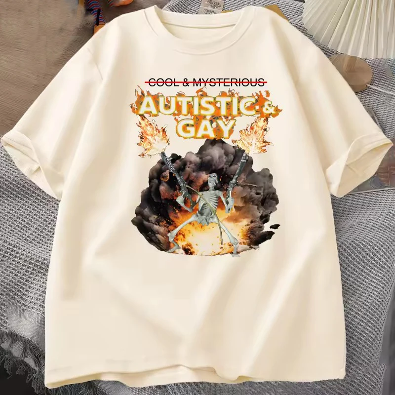Streetwear Autistische und Homosexuell Skeleton Explosion T Shirt Unhinged Skeleton Autismus Meme T-Shirt Baumwolle Kurzarm Graphic Tees