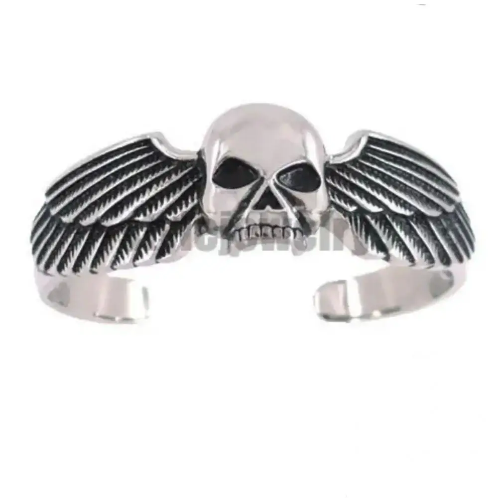 Vintage Ghost Skull Bones Biker Cuff Bracelet Stainless Steel Jewelry Gothic Feather Wing Norse Viking Wolf Men Bangle SJB0362A 4