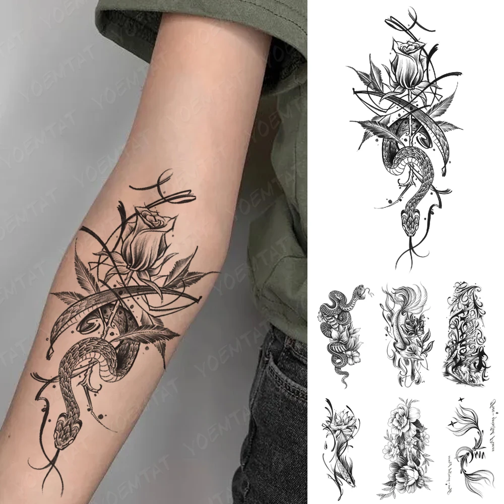 

Waterproof Temporary Tattoo Sticker Sexy Black Festival Snake Cobra Rose Leaf Women Transfer Tatoo Fake Tattoos Body Art Arm Men