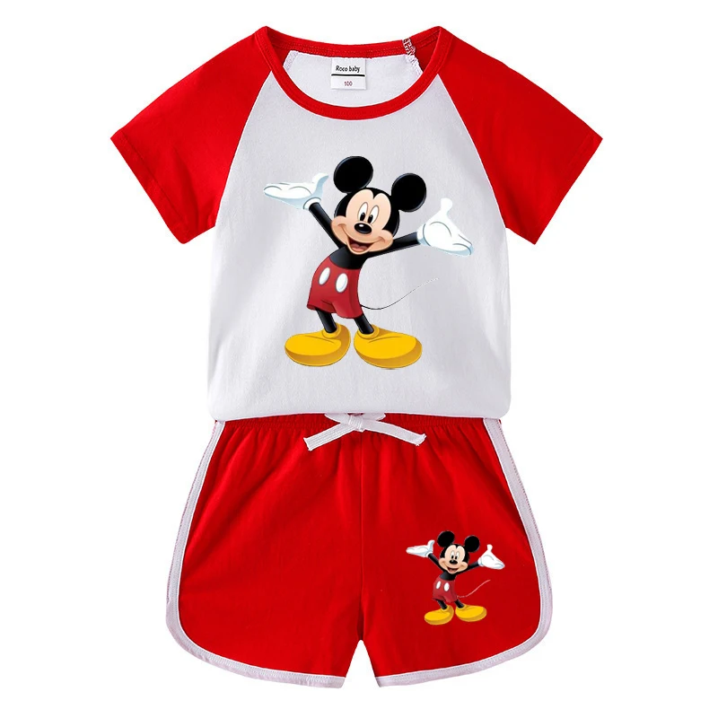 Children 2-piece Suit Baby Boy Summer New Mickey Mouse Cartoon Pattern Baby Boy T-shirt+shorts Girl Boy Minnie Set Red Blue cute baby suit Clothing Sets