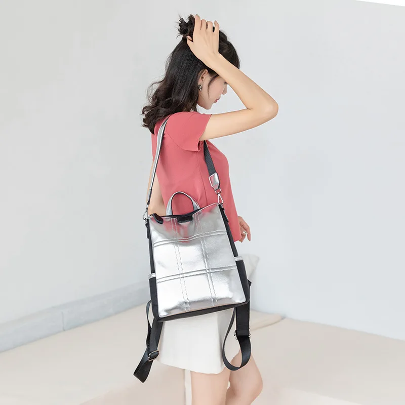 New women's bag women's fashion casual silver reflective personality PU dual-purpose shoulder bag backpack mini backpack