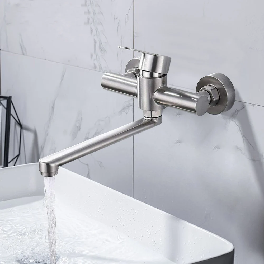 304 Stainless Steel Wall-Mounted Mixer Tap for Kitchen, 360 ﾰ Rotatable, Single-Lever Mixer Tap for Kitchens