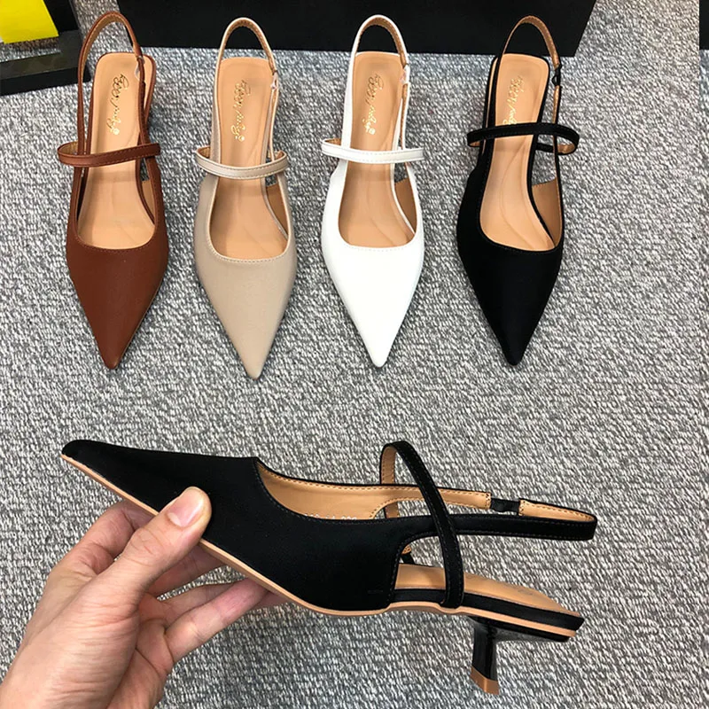 Women White Sandal Fashion Pointed Toe Shallow Slip On Slingback Shoes Thin Med Heel Outdoor Dress Muler