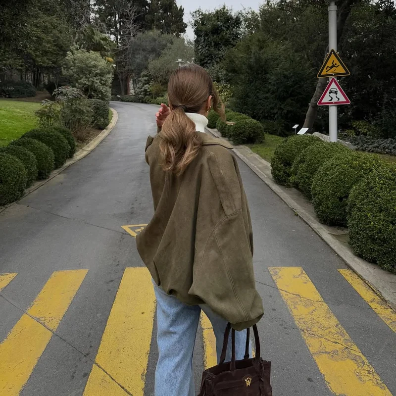 Women Green Suede Leather Jacket 2025 Fashion Oversized Full Sleeve Lapel Bomber Coat Female High Street Outerwears New Spring