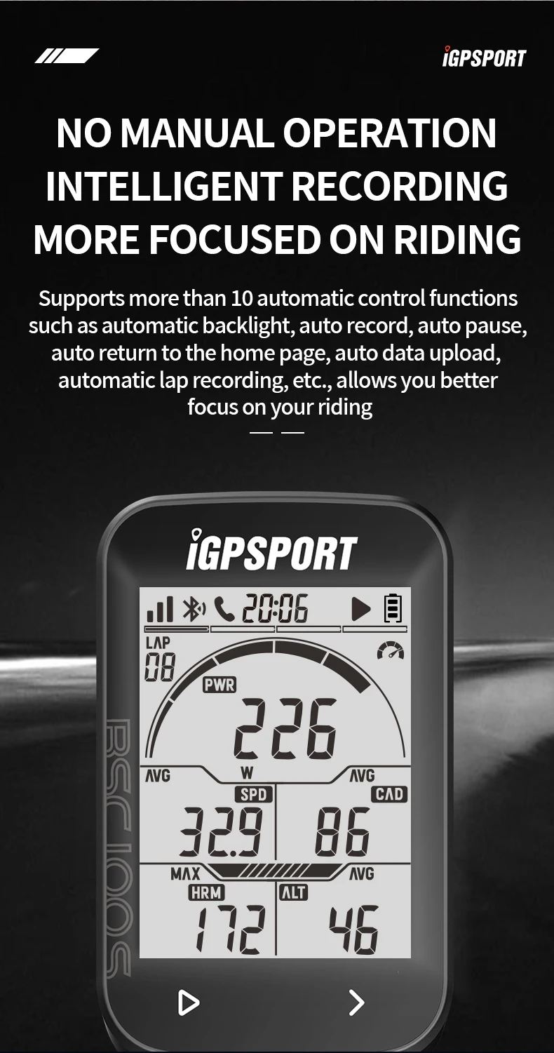 BCS100S Bike Computer BLE ANT+ 2.6 Inch IPX7 Type-C 40H Battery Life Auto Backli