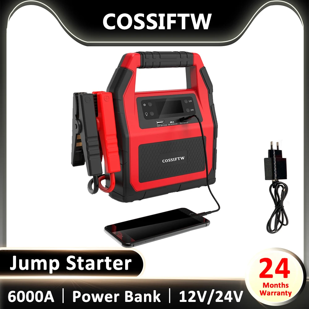 

Jump Starter 24V 12V Automotive Battery Charger Portable Car Power Bank External Battery Fast Charge 6000A Auto Starting Device