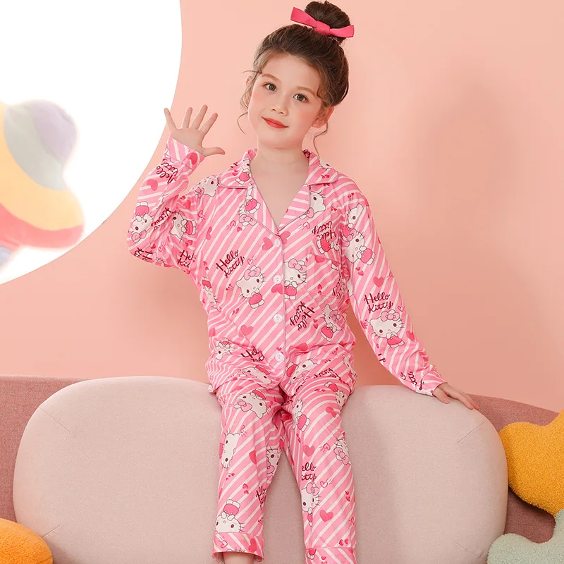 Kawaii Sanrio Pajama Sets Girls Lapel Soft Breathable Print Sleep Costume Gal Causal Comfortable Housewear Autumn Winter 4