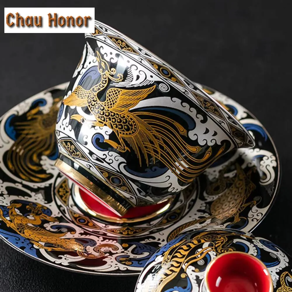 170ml Handmade Gold Coin Taotie Gaiwan High End Anti Scalding Gilded Silver Tea Tureen Tea Making Bowl Tea Ceremony Collection