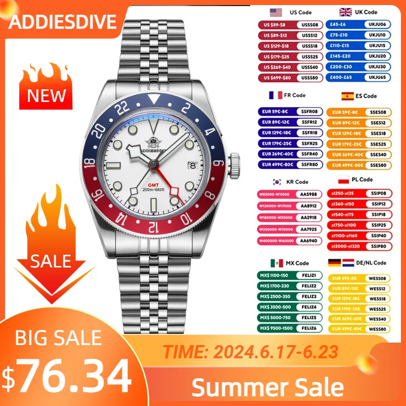 ADDIESDIVE 39mm GMT Watch Luminous Sports Quartz Watches for Men Bezel Waterproof 20Bar Diving Bubble Mirror Glass WristWatches