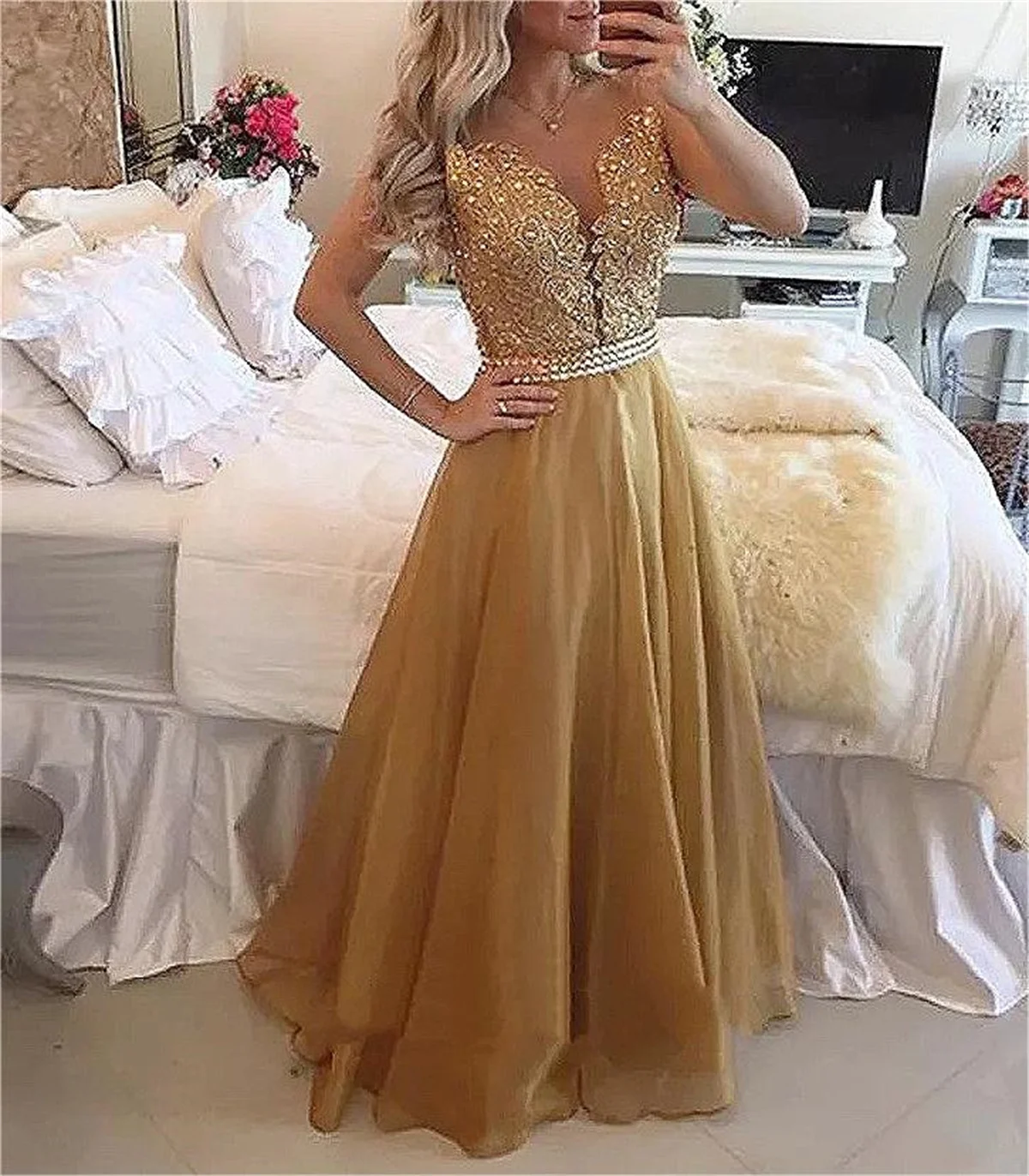 Champagne Beaded Lace Applique Prom Dress V-Neck Sexy Backless Special Occasion Gown Floor Long Summer Elegance Chiffon women party dresses