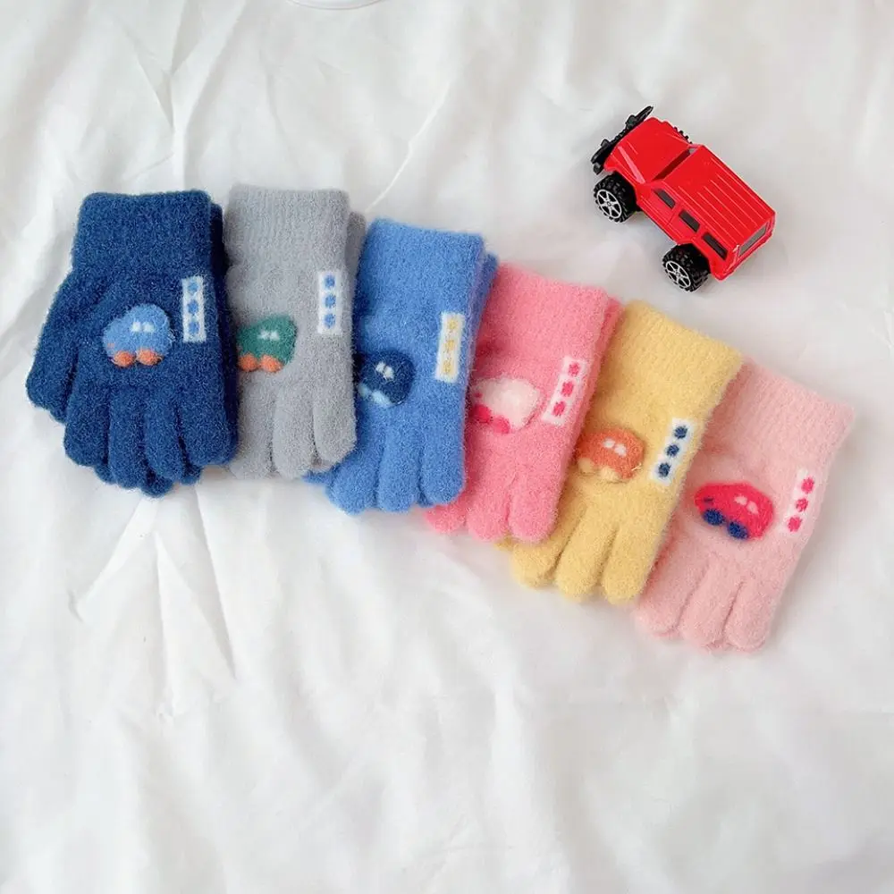 Winter Knitted Gloves Cartoon Warm Mittens Toddlers Outdoor Cartoon Pattern Cute Car Gloves For Kids Baby Girls
