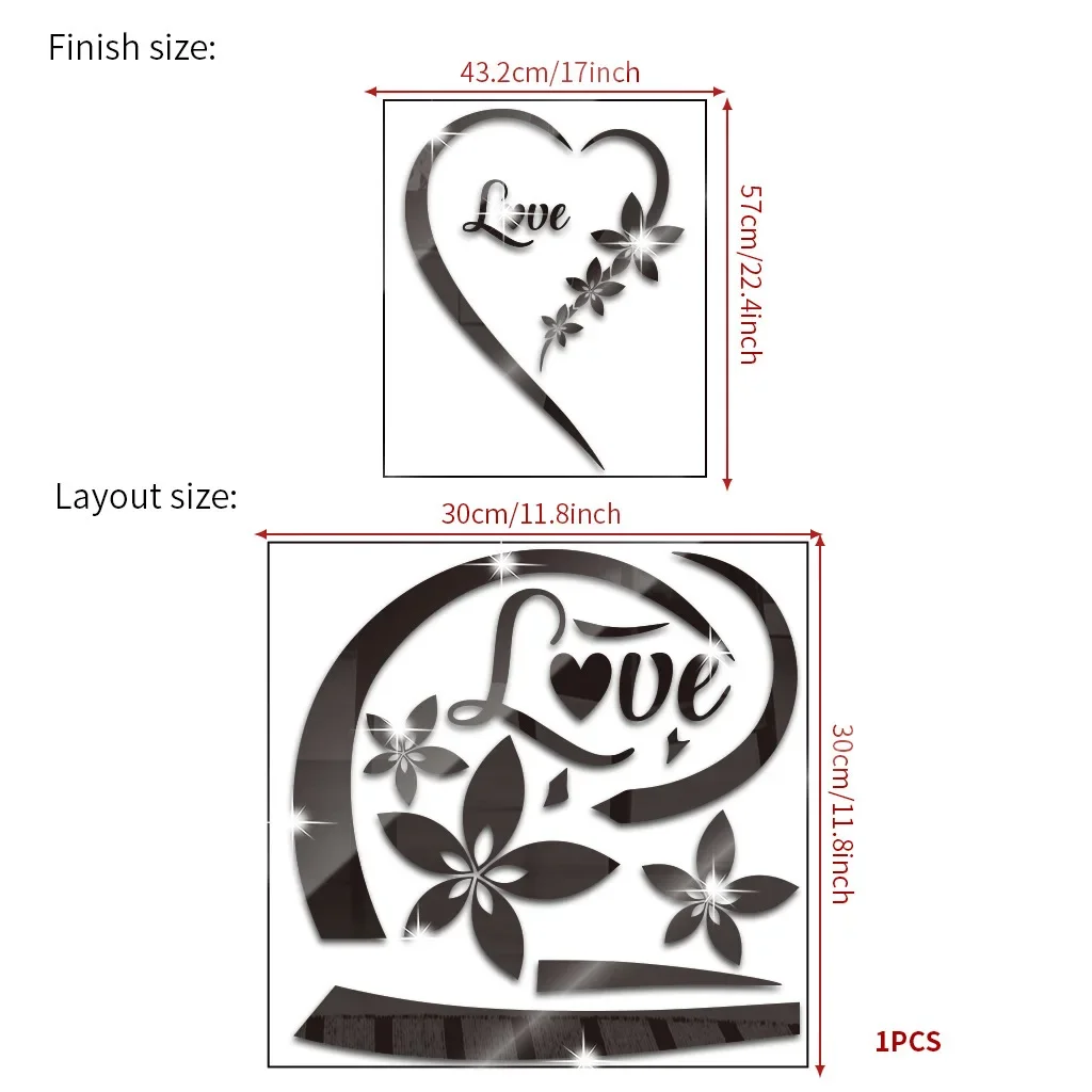3D LOVE Acrylic Mirror Wall Sticker Heart-Shaped Reflective Self-Adhesive Bedroom Living Room TV Background Home Decoration