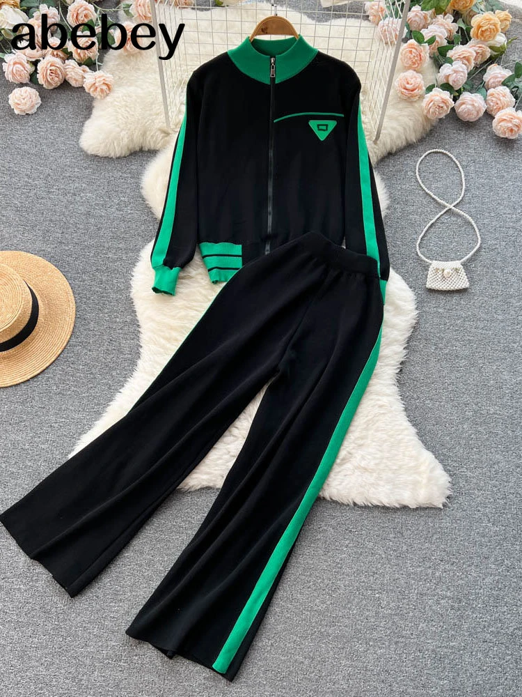 

2022 Autumn Runway 2 Pieces Set Knitted Long Sleeve Cardigan Sweater Casual Patchwork fashio Jumper Tops and Pants Suits Spring