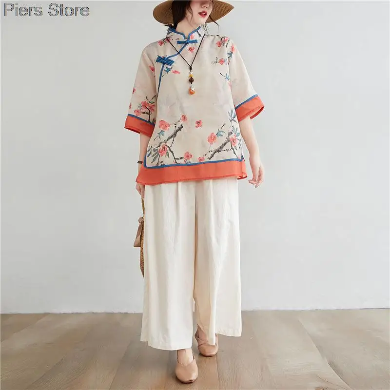 Spring Women Chinese Traditional Style Tops Cotton Linen Loose Blouses Cheongsam Female Vintage Buckle Hanfu Shirts Tang Suits