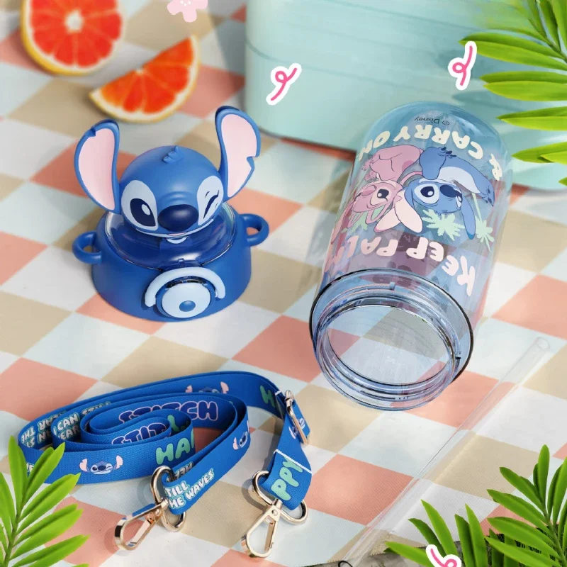 Disney Periphery stitck water bottles 650ML Large Plastic Cup Cartoon Animation Large Capacity Space Straw Cup Car Kid Gift