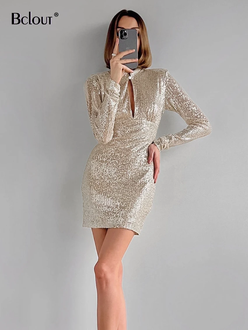 

Bclout, винтажное однотонное платье с блестками, модель 2024 года, Модные ажурные мини-платья с длинным рукавом, элегантные строгие платья с воротником-стойкой