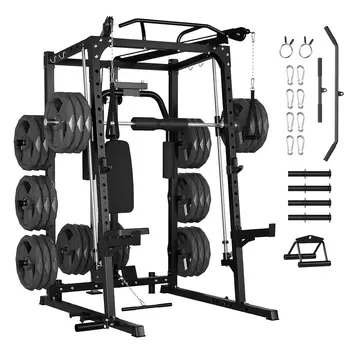 2000LBS Smith Machine Squat Rack Power Cage Cable Crossover Lat Pulldown Home Gym, Custom 1