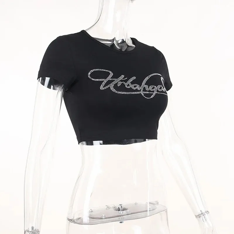 Rhinestone Letter Print T-shirt Summer Retro Streetwear Women Grunge Baby Tee Y2k Clothes Aesthetics Cute Emo Girl Slim Crop Top
