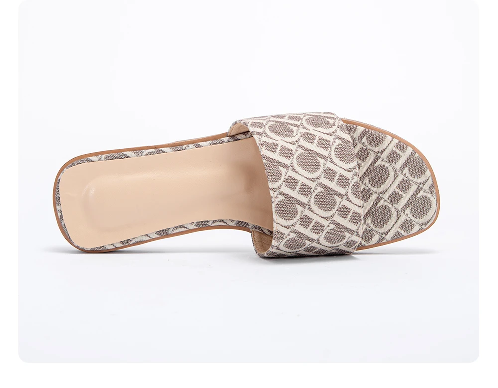 Classic Simple Design Chic Beige Pattern Flat Slides Women Summer Slip On Sandals Anti slip Sole OUT1085