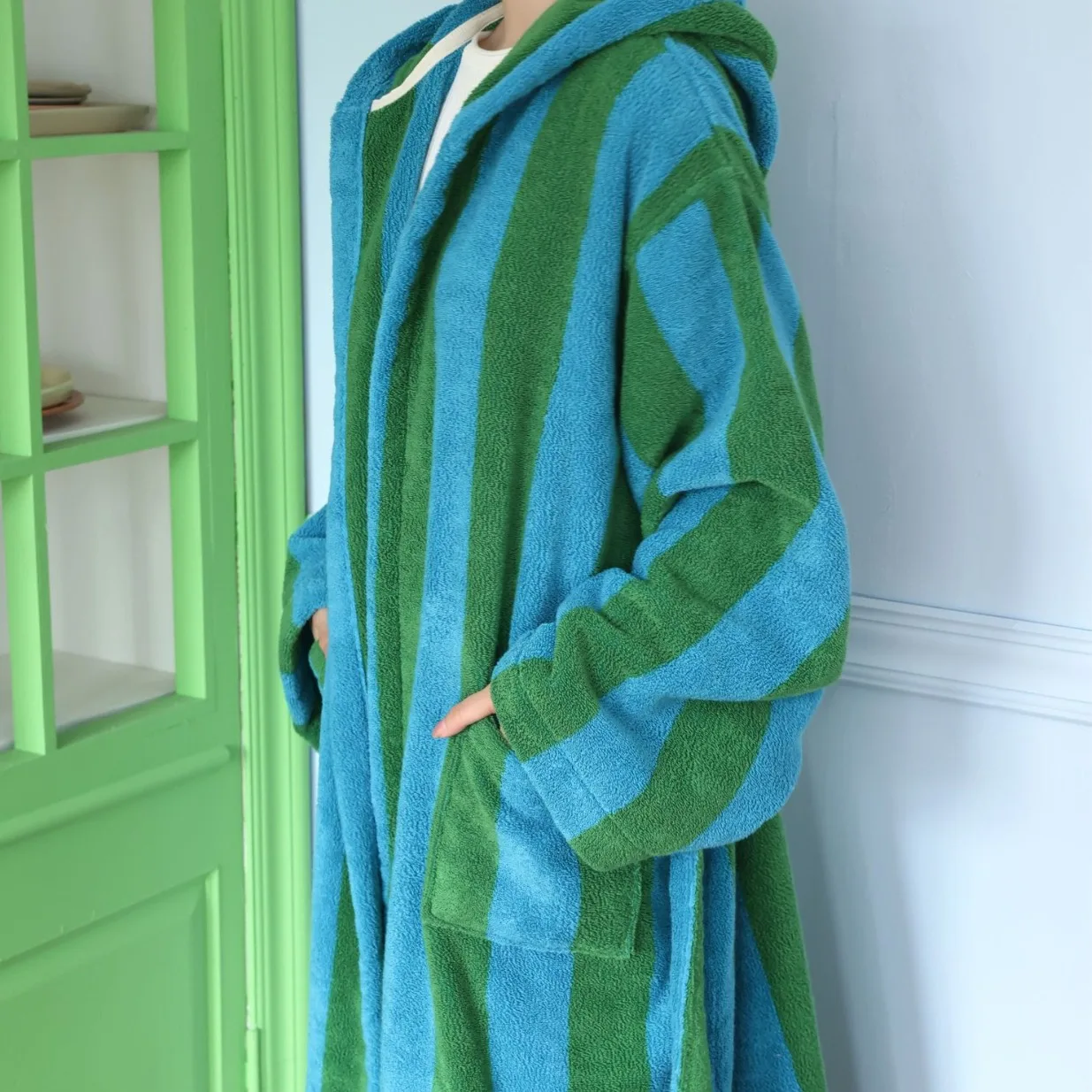 Retro Striped Female Hooded Bathrobe Terry Towel Long Robe Sleepwear Autumn Combed Cotton Nightwear Loungewear Loose Homewear