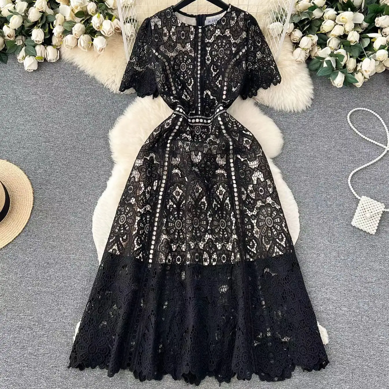 

Vintage Solid Lace Patchwork O-Neck High Waist Short Sleeve Black Dress Women Chic Summer 2023 Party Vestidos