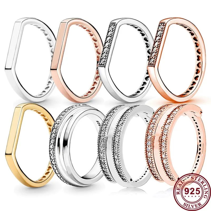 New Original Luxury 925 Sterling Silver Set Flat Bottom Women's Pan Ring Rose Gold Crystal Couple Diy Fashion Wedding Jewelry 3pc cat diamond flat shaped ring pendant diy silicone mold diy filling epoxy resin for jewelry making resin molds