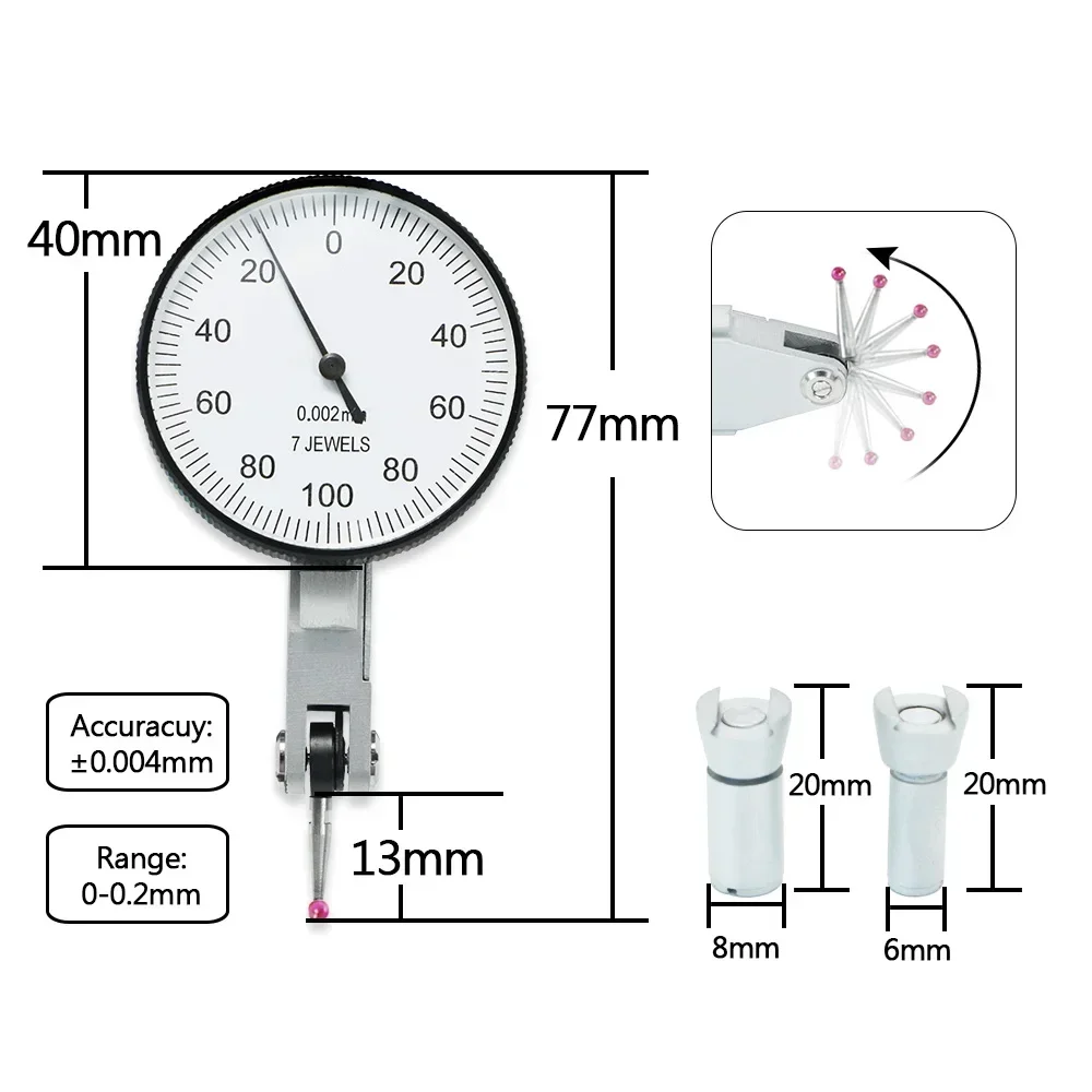 Dial Indicator Gauge Dial Indicator Shahe Dial Test Indicator 0.002 mm Shockproof With Ruby Probe Test Gauge Measure Tool