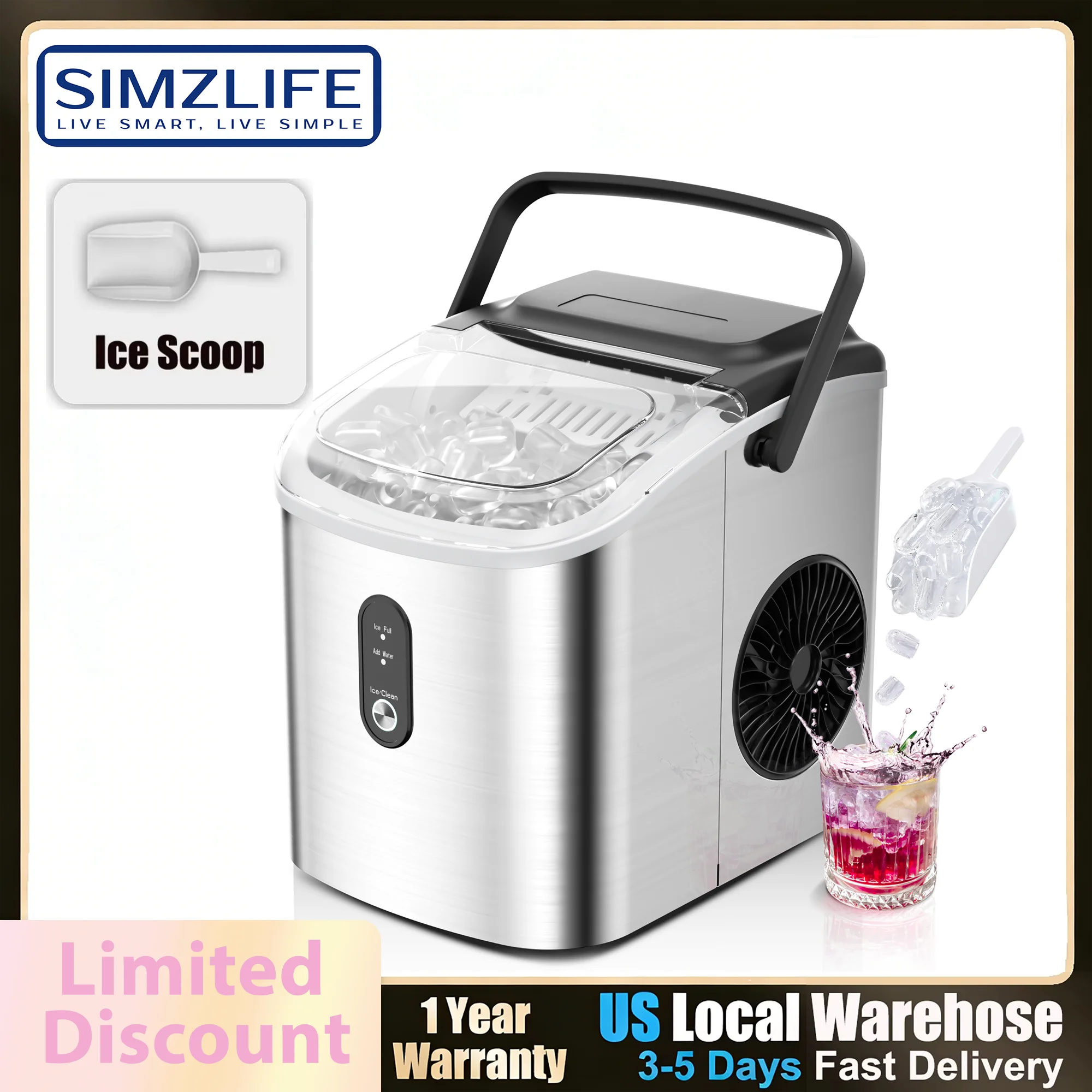 SIMZIFE Portable Countertop Ice Maker with Handle, 26 lbs/24H, 9 Cubes in 6 Mins, Auto-Cleaning(Black Choice CN)Silver Choice US