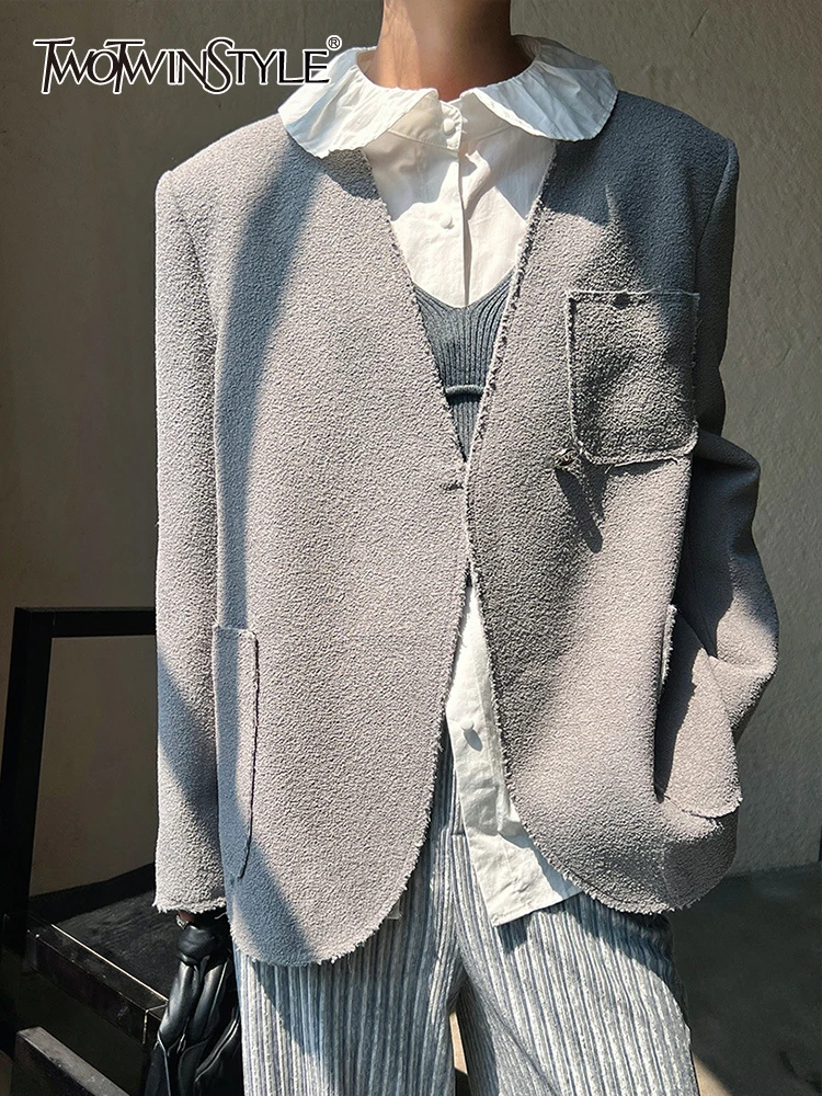 

TWOTWINSTYLE Solid Split Casual Blazer For Women V Neck Long Sleeve Spliced Raw Hem Loose Blazers Female Fashion Clothing New