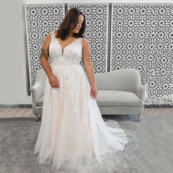 Pastrol Plus Size Wedding Dresses Sleeveless Double V-Neck Bride Gowns Tulle A-Line Lace Applique Sweep Train Vestido De Noiva