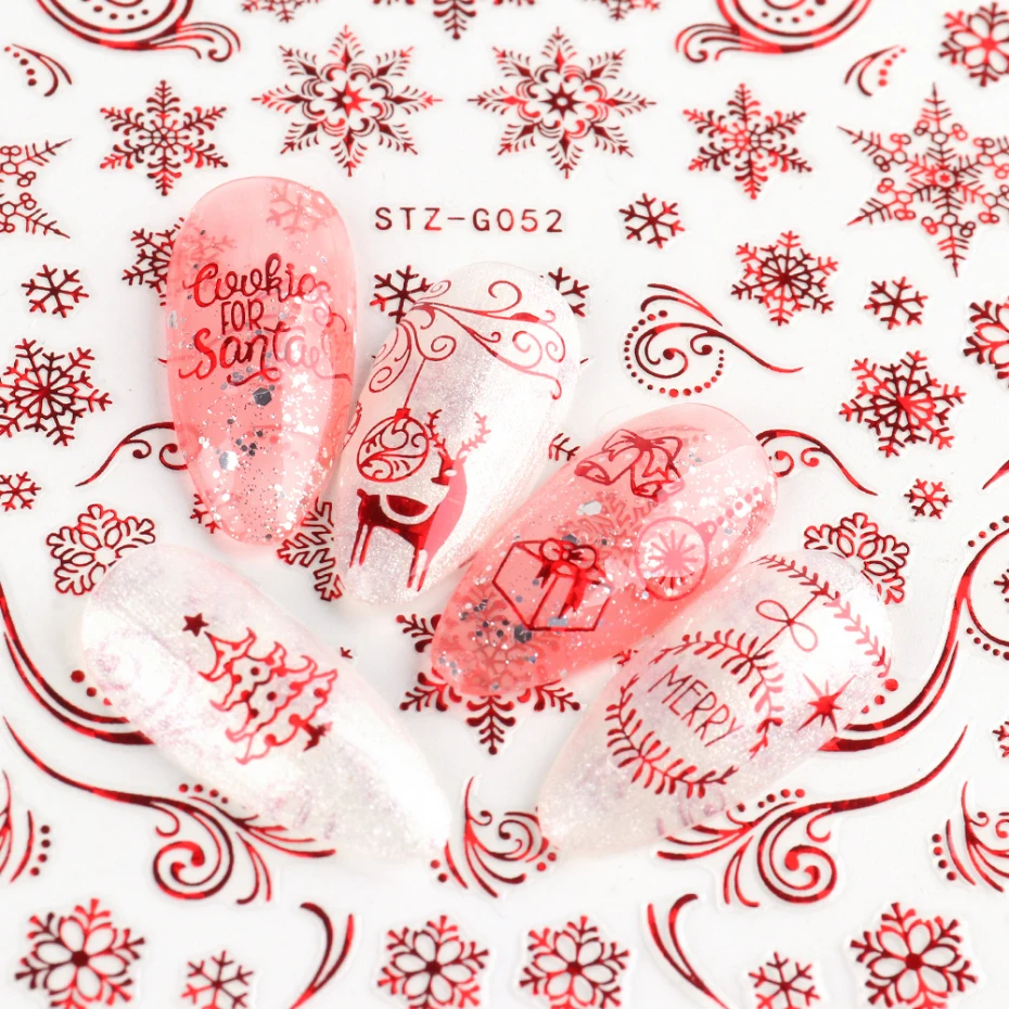 Nail Stickers Nail Art Decoration Nail Decals Holographic Red Christmas Nail Sticker Shine Glitter Snowflake Elk Santa Claus Transfer Slider Winter 3D Decal SASTZG050-058