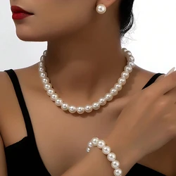 Elegant Minimalist Pearl Jewelry Set for Women - Necklace, Earrings, and Bracelet (Gold - color)