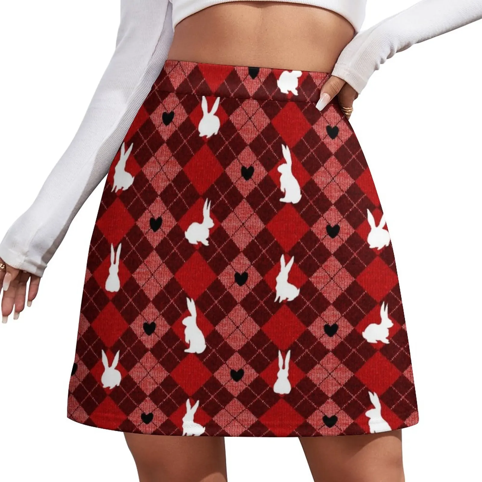 Red Argyle White Bunny Love Mini Skirt skirts for womans fashion korean clothing skirts for woman love to love вибратор кролик bunny