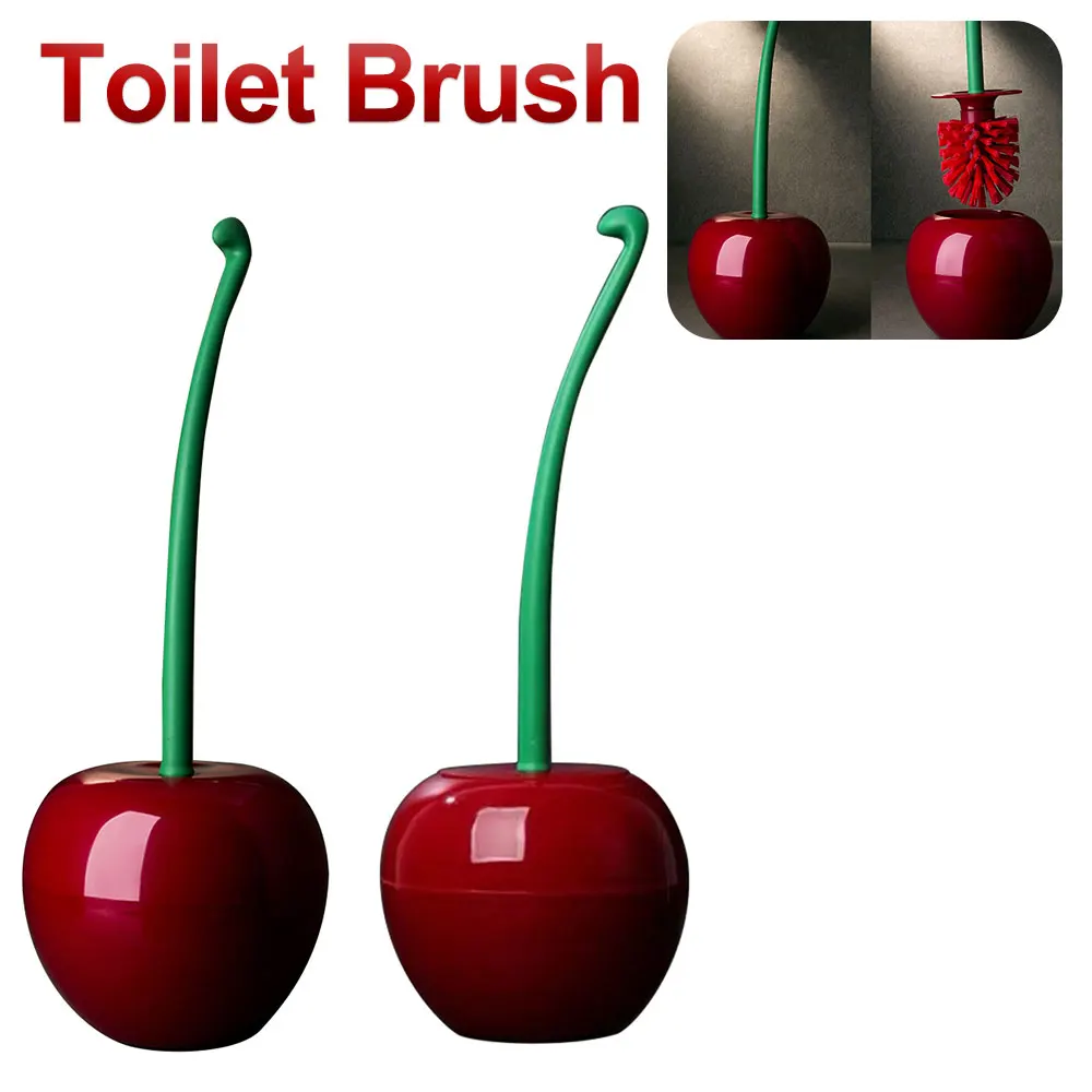 Toilet Brush Set Creative Cherry Shaped Toilet Brush Set Long Handle Replaceable Soft Bristle Accessories with Holder Bathroom Corner Cleaning