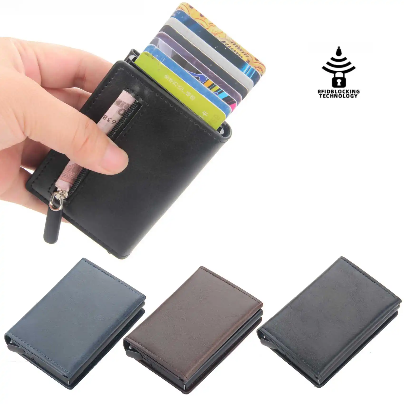 New RFID Aluminum Alloy Solid Card Bag Anti-Magnetic Automatic Pop-Up Zipper Card Clip Business Simple Men's Short Wallet