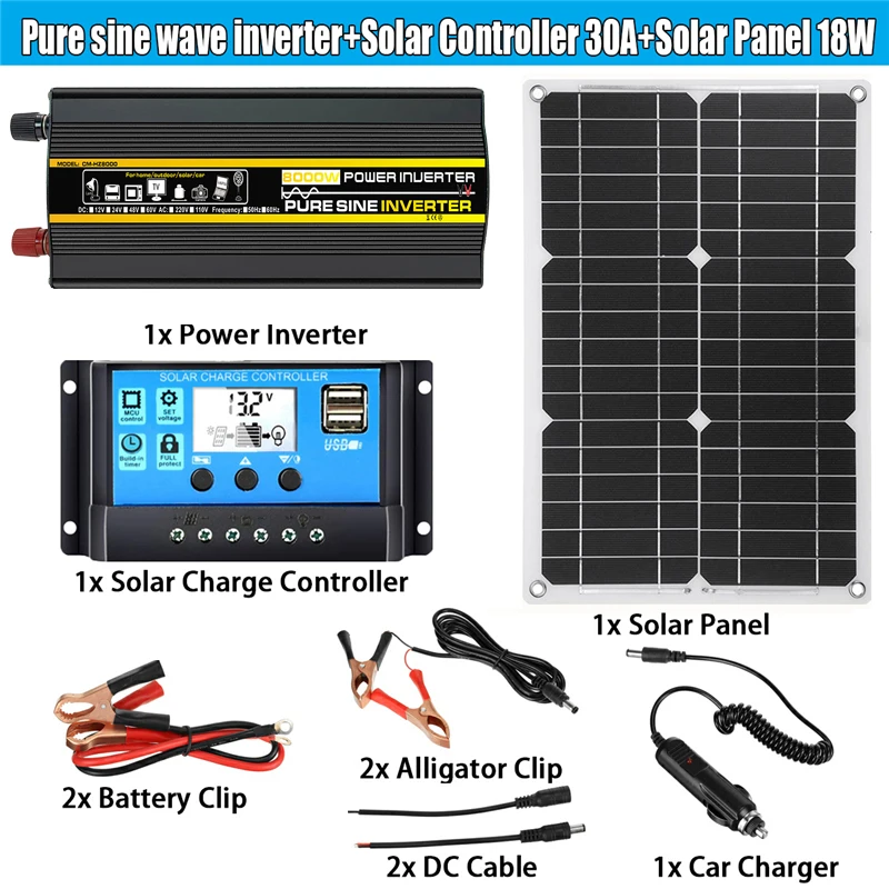 

12V to 220V Solar Panel System 18V 18W Solar Panel+30A Charge Controller +Pure Sine Inverter Kit Complete Power Generation Kit