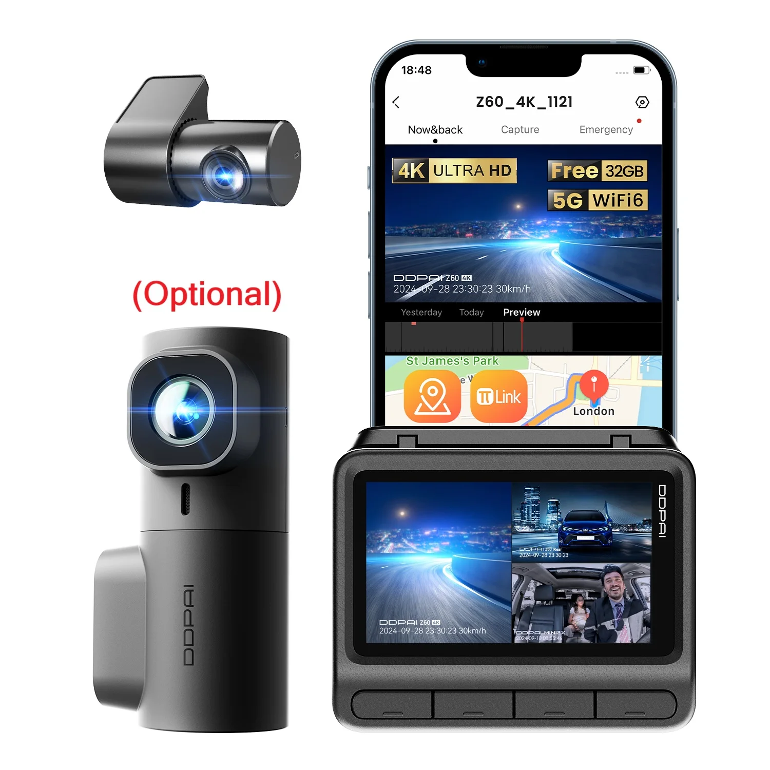 Dashcam DDPAI Z60 - 4K+1080P, 32GB EMMC, Visión Nocturna En Color, WiFi 6, GPS, Monitor De Aparcamiento 24h