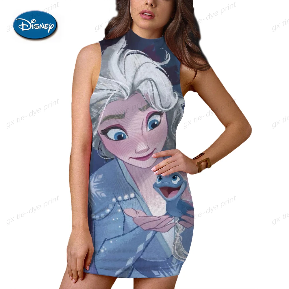 

2023 Summer Disney Princess Print Women Round Neck Knee-length Dress Slim Dress Sleeveless Skirt Midi Skirt Dress Sexy Tight Dre