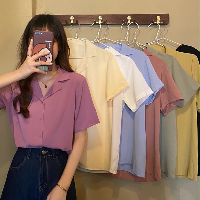 

8 Colors Blouse Shirt For Women 2022 Summer Fashion Short Sleeve Notched Casual Office Lady White Shirts Tops Japan Korean Style